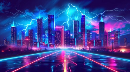 An urban landscape with a street view skyscraper and a futuristic highway track. The sky is dark and a thunderbolt discharge trail is visible in the sky. - obrazy, fototapety, plakaty