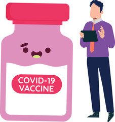 Boy stands next to jar of COVID-19 vaccine.
