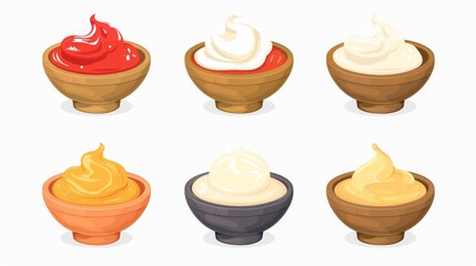 An illustration of a dip sauce bowl set, isolated on a background, with red tomato ketchup, white garlic mayo, yellow cream cheese, for taste enhancements in food, restaurant menu design icons.