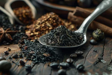 Tuinposter silver spoon wooden desk green tea pile dried fruits coffee beans roasted espresso cafe grain background © VolumeThings