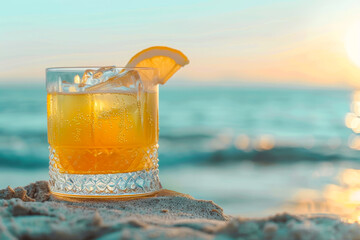 tall glass filled with iced tea sits on the white sand of a beach