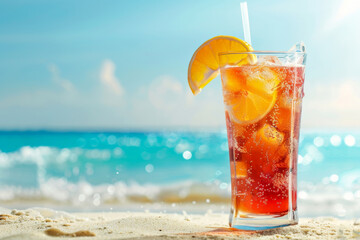 iced tea with a slice of orange rests on the sand at a beach