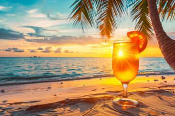 orange juice with a slice of orange rests on the white sand of a beach