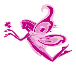 Flying pink fairy girl with decorative wings and abstract flowers on a white background. Flat design. Vector illustration