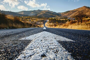 An asphalt road stretches into the distance with a painted white arrow pointing forward, symbolizing motivation, progress, and the concept of continuous growth and forward movement
