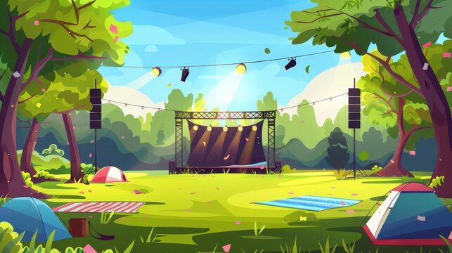 Concert stage in a summer park. Modern cartoon illustration of concert equipment, microphones, spotlights, displays, tents and picnic blankets on lawn, green trees in a sunny park.
