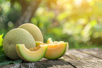 Sliced Japanese melons on wooden table with blurred garden background a favored summer fruit Food fruit and health concept - obrazy, fototapety, plakaty