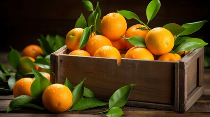 Ripe tangerines with leaves in a wooden box