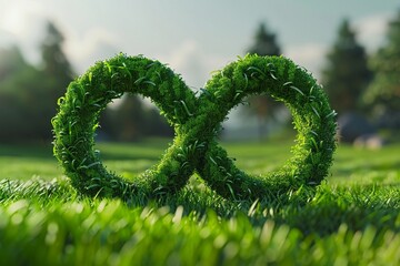 An eco-friendly business continuity concept in manufacturing, featuring a lush green infinity symbol crafted from grass, representing sustainable practices and endless growth in the industry