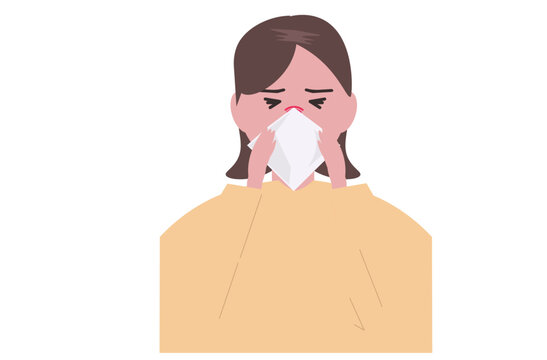 風邪をひいて鼻をかむ女性。ベクターイラスト