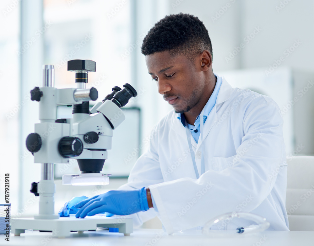 Poster Black man, scientist and microscope for analysis, testing and study vaccine results or solution. Lens, doctor and male person for forensic exam in lab or pharma, biotech and innovation in medicine