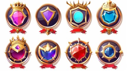 An empty round avatar frame with fantasy medieval borders and red pennants isolated on a white background, full of luxury and luxury frames for game ranking badges.