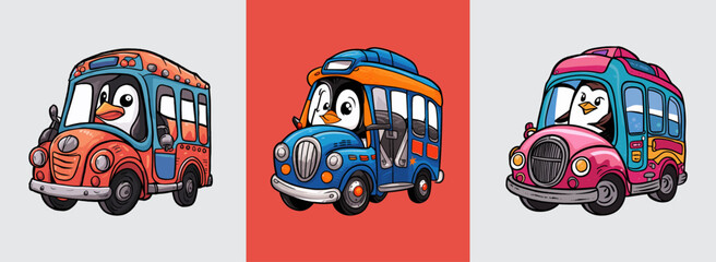 A set of penguin bus driver steering a vehicle in a fun sticker style vector illustration. Generative AI