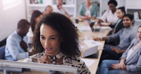 Meeting, thinking and training with business people in boardroom of office for workshop together. Company, project management or whiteboard presentation with woman employee in workplace for strategy