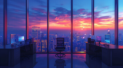 illustration of a modern workspace with panoramic views of a city skyline