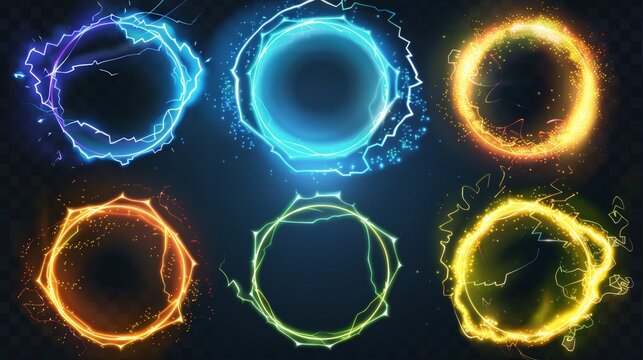 Round lightning frames isolated on transparent background. Modern illustration of magic energy effect circles in yellow and neon blue colors. Ui design element for games.
