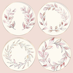 four plates with floral designs on them on a pink background