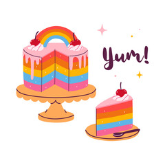 Rainbow cake and slice isolate on a white background. Vector graphics.