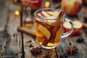 Spiced apple tea with honey cinnamon and cloves Warm autumn beverage in a cozy home setting