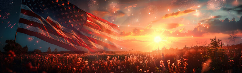Radiant Independence Day celebration in the USA with flag and fireworks at sunset.