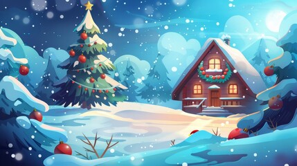 Fototapeta na wymiar The greeting poster features a winter landscape, a house interior with a Christmas tree and decoration balls on fir branches. A modern cartoon illustration of a greeting card for Christmas and the