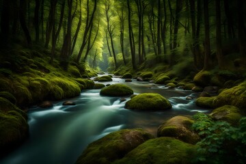 Obraz premium A river weaving through a panoramic forest, a cool refuge in the heart of a summer day.