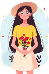 Young Girl Holding Colorful Orange Flower Bouquet in Pastel Illustrated Portrait