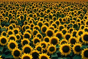 Fields of sunflowers stretching to the horizon, a panoramic sea of yellow under the summer sun.