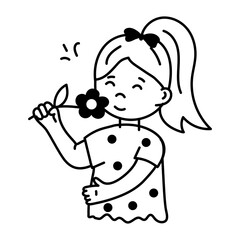 Editable doodle icon of girl smelling flower 