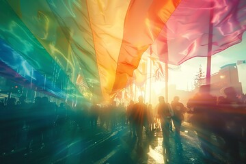 LGBT festival, flag and crowd multi-exposure, clear background