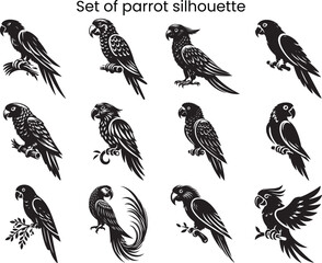 Set of tropical parrot silhouettes
