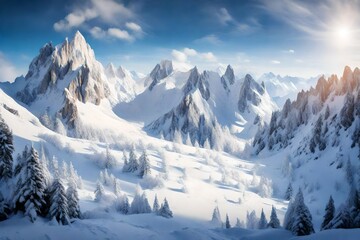 A panoramic canvas of snow-dusted summits, a tranquil alpine dreamscape.