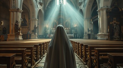 Naklejka premium Nun in deep prayer, tranquil church interior, clear back