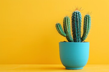 Potted mockup cactus, vibrant yellow backdrop, minimalist.
