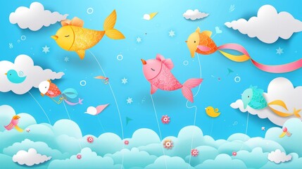 Fototapeta na wymiar Cartoon illustration of Makar Sankranti, kite festival on a blue sky with clouds. Cute colorful paper toys in the shape of fish and birds flying in the wind.
