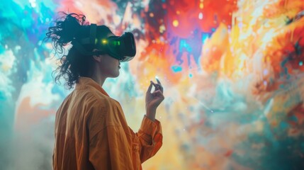 European female artist using VR headset to interact with vibrant digital art projection