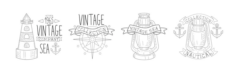 Vintage Nautical Marine Element and Item Linear Vector Set