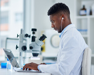 Scientist, man and laptop in lab with research for medical study, microscopic experiment or DNA...