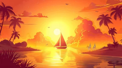Foto auf Glas Summer sunset on the beach. Cartoon illustration of a tropical island landscape with an orange sky and clouds. Boat silhouette in calm water during sunset in summer. © Mark