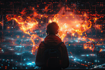 dystopian cityscape, silhouette figure, burning skyline, cyberpunk, neon lights, data visualization, stock market crash, fiery apocalypse, digital overlay, glowing embers, futuristic,