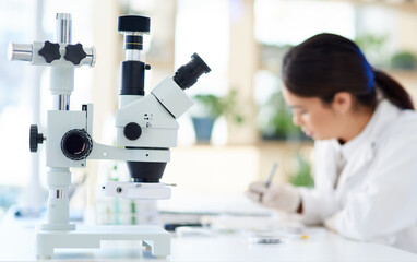Science, microscope and instrument in lab with research for sample analysis, medical experiment or...