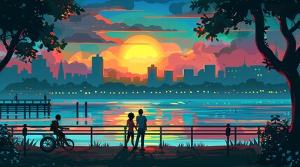 Pedestrians walk down a city waterfront street on a cartoon background with a sunset. View of a seaside park in the middle of a forest. Happy couple on a romantic date at a waterfront park. Panorama - obrazy, fototapety, plakaty