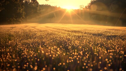  A golden sunrise casting long shadows on a dew-covered field. . 
 - obrazy, fototapety, plakaty