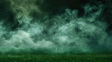 Background green grass smoke cloud fart soccer night field dust poison potion floating sport transparent dirty fog stadium stink mist. - obrazy, fototapety, plakaty