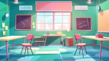 Classroom with chalkboard and window cartoon background. College science room with poster illustration and teacher table. Education equipment for game learning application.