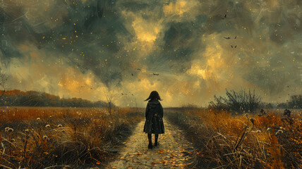 a small girl, with a determined expression, she is walking down a desolate road, clutching a Teddy bear, under a heavy sky,generative ai
