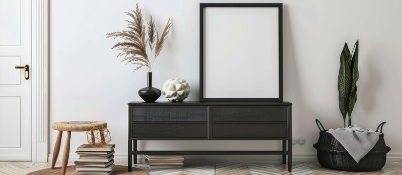 Contemporary Scandinavian living room design featuring a black placeholder poster frame, modern dresser, vase with leaf, black wicker basket, stack of books, and sophisticated decor items.