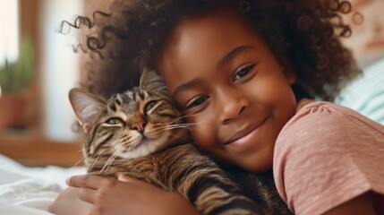 A little girl tenderly hugs her kitten and lies on the bed in the morning in a bright bedroom. Friendship concept between child and pet, copy space for text
 - obrazy, fototapety, plakaty