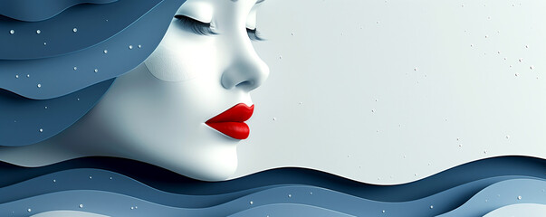 Womans red lips pop under a blue hat, enhancing facial expressiveness - obrazy, fototapety, plakaty