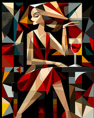 Pixel art painting of woman in red dress with martini glass